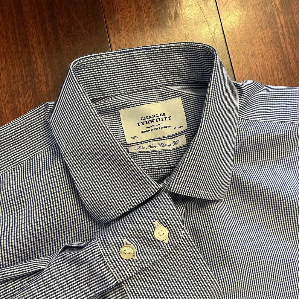 Charles Tyrwhitt Shirt Men 17 35 Blue White Check Plaid Non Iron Classic Fit